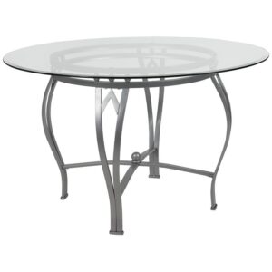 Building the perfect dining room is easier when you have a great foundation. Starting with an exquisite ornamental pedestal base this 48" glass topped dining table is off to a phenomenal start. Crowned by a round