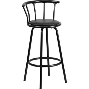 Clean lines and elegant simplicity are the hallmarks of this crown back black metal barstool featuring a black vinyl upholstered swivel seat. This sophisticated yet comfortable metal stool is perfect for casual everyday use as well as small gatherings in the kitchen
