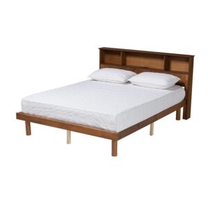 Walnut Brown Finished Wood Full Size Platform Bed with Charging Station