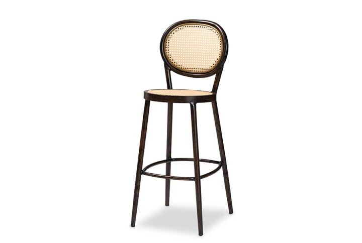 Dark Brown Finished Metal and Synthetic Rattan Outdoor Bar Stool