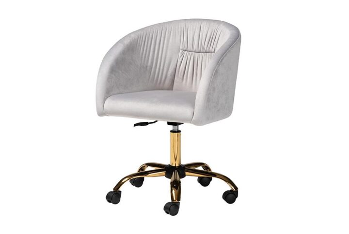 Glam and Luxe Grey Velvet Fabric and Gold Metal Swivel Office Chair