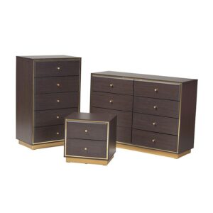 Transitional Dark Brown Finished Wood and Gold Metal 3-Piece Storage Set