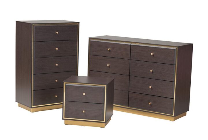 Transitional Dark Brown Finished Wood and Gold Metal 3-Piece Storage Set
