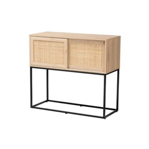 Transitional Natural Brown Finished Wood and Natural Rattan Sideboard Buffet