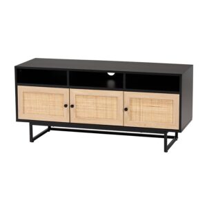 Espresso Brown Finished Wood and Natural Rattan 3-Door TV Stand