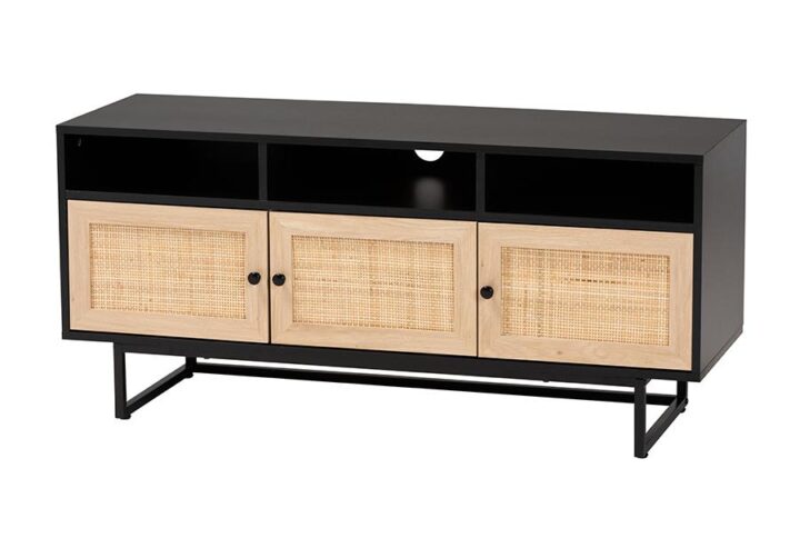 Espresso Brown Finished Wood and Natural Rattan 3-Door TV Stand