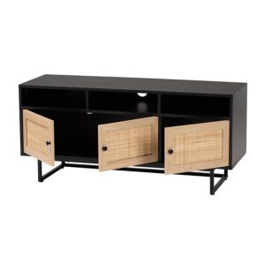 Espresso Brown Finished Wood and Natural Rattan 3-Door TV Stand