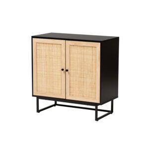 Espresso Brown Finished Wood and Natural Rattan 2-Door Storage Cabinet