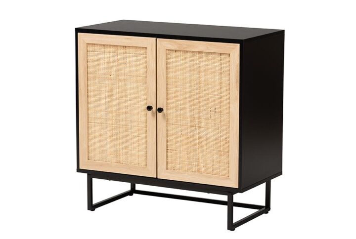 Espresso Brown Finished Wood and Natural Rattan 2-Door Storage Cabinet