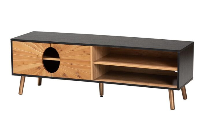 Two-Tone Dark and Natural Brown Finished Wood TV Stand