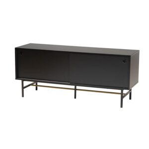 Dark Brown Finished Wood and Two-Tone Black and Gold Metal TV Stand
