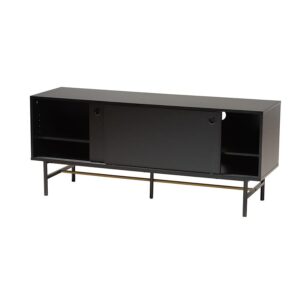 Dark Brown Finished Wood and Two-Tone Black and Gold Metal TV Stand