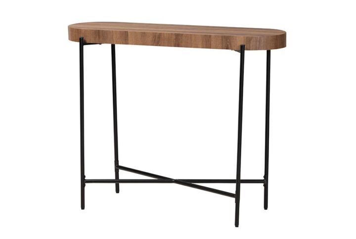 Industrial Walnut Brown Finished Wood and Black Metal Console Table