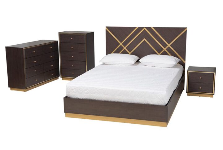 Gold Finished Wood Queen Size 4-Piece Bedroom Set with Chest