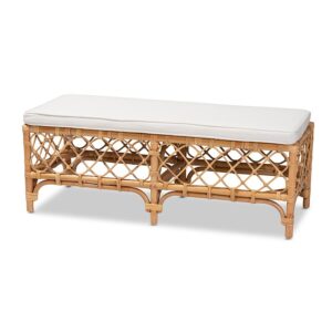 Bohemian White Fabric Upholstered and Natural Brown Rattan Bench
