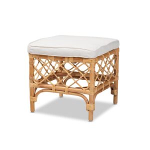 Bohemian White Fabric Upholstered and Natural Brown Rattan Ottoman