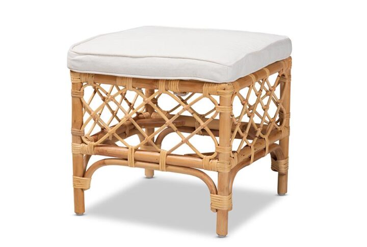 Bohemian White Fabric Upholstered and Natural Brown Rattan Ottoman