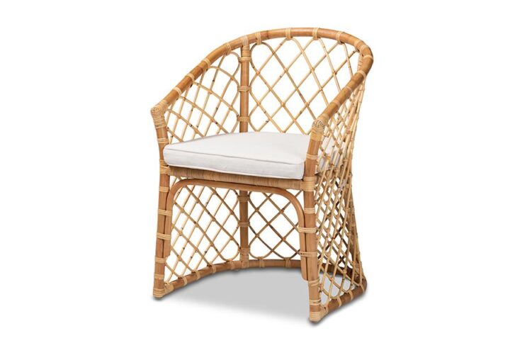 Bohemian White Fabric Upholstered and Natural Brown Rattan Dining Chair