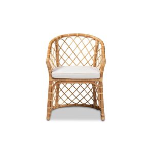 Bohemian White Fabric Upholstered and Natural Brown Rattan Dining Chair