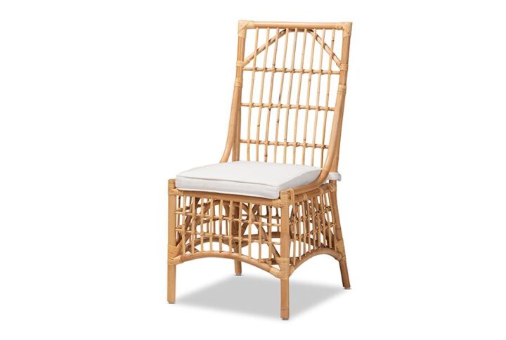 Bohemian White Fabric Upholstered and Natural Brown Rattan Dining Chair