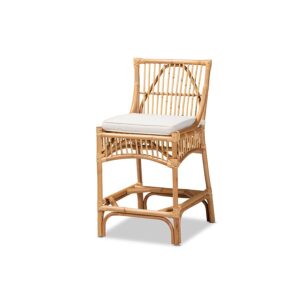 Bohemian White Fabric Upholstered and Natural Brown Rattan Counter Stool