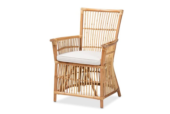 Bohemian White Fabric Upholstered and Natural Brown Rattan Armchair