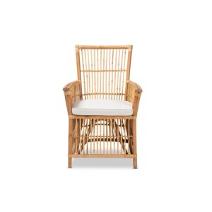 Bohemian White Fabric Upholstered and Natural Brown Rattan Armchair