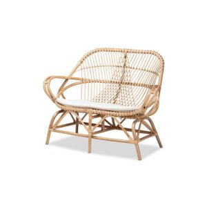 Bohemian White Fabric Upholstered and Natural Brown Finished Rattan Loveseat