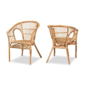 bali & pari Alleta Modern Bohemian Natural Brown Rattan 2-Piece Dining Chair Set
