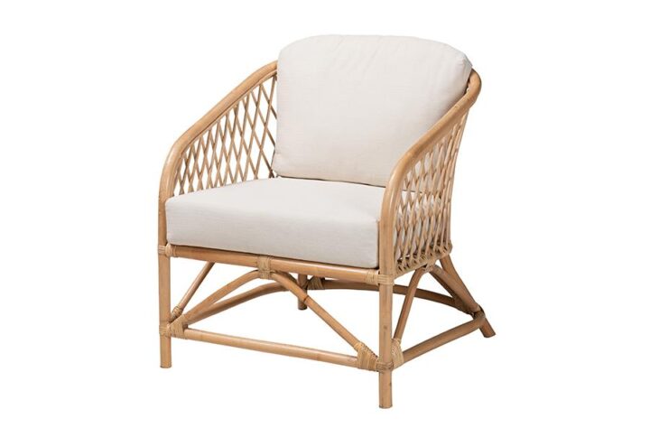 bali & pari Patsy Modern Bohemian White Fabric and Natural Brown Rattan Armchair