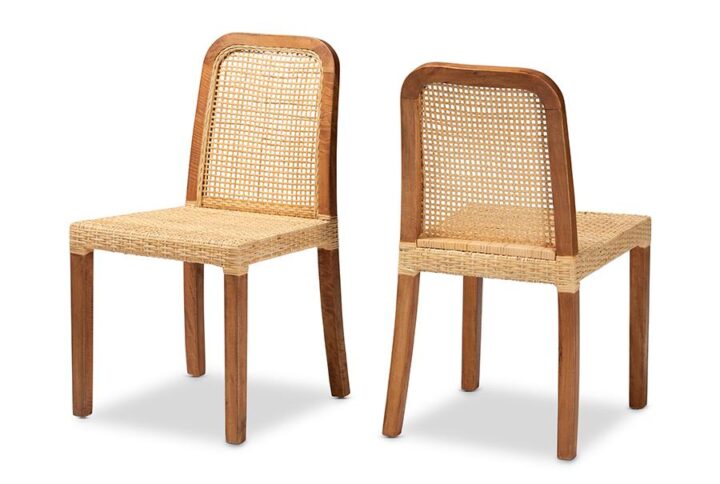 Walnut Brown Mahogany Wood and Natural Rattan 2-Piece Dining Chair Set
