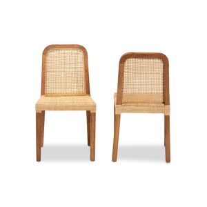Walnut Brown Mahogany Wood and Natural Rattan 2-Piece Dining Chair Set