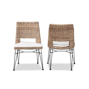 Bohemian Greywashed Natural Rattan Metal Dining Chair with Cushion 2-Piece Set