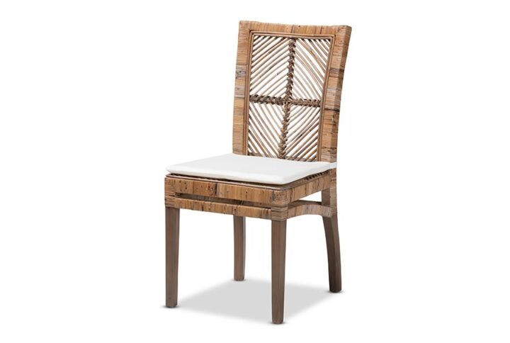 Bohemian Greywashed Natural Rattan and Mahogany Dining Chair with Cushion