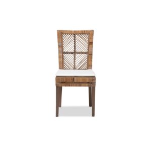 Bohemian Greywashed Natural Rattan and Mahogany Dining Chair with Cushion