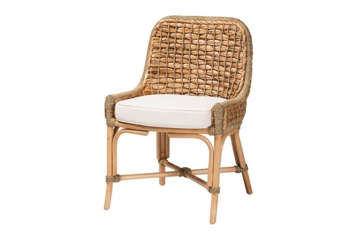 Bohemian Natural Brown Woven Rattan Dining Side Chair With Cushion