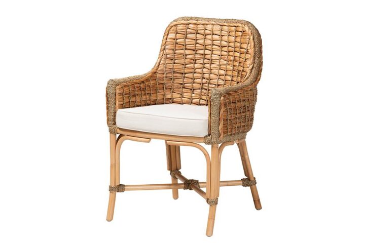 Bohemian Natural Brown Woven Rattan Dining Arm Chair with Cushion