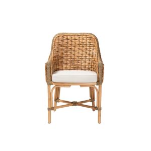 Bohemian Natural Brown Woven Rattan Dining Arm Chair with Cushion