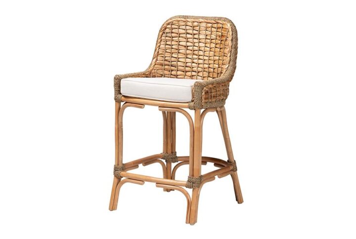 Bohemian Natural Brown Woven Rattan Counter Stool with Cushion