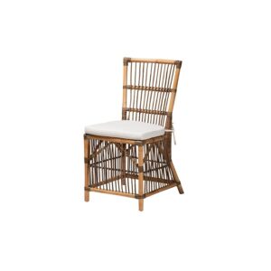 Bohemian White Fabric and Natural Brown Rattan Dining Chair