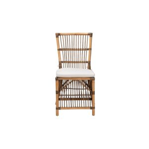 Bohemian White Fabric and Natural Brown Rattan Dining Chair