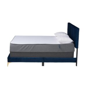 Navy Blue Velvet and Gold Metal Queen Size Panel Bed