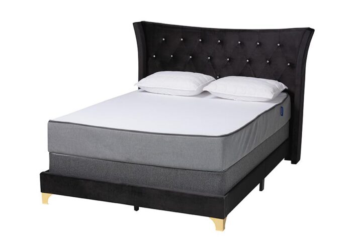Glam and Luxe Black Velvet and Gold Metal Queen Size Panel Bed