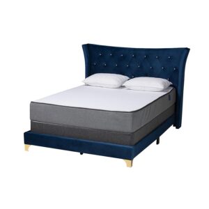 Glam and Luxe Navy Blue Velvet and Gold Metal Queen Size Panel Bed