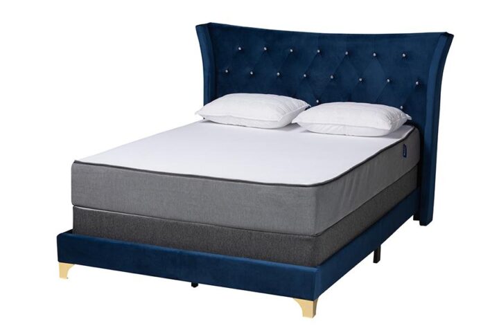 Glam and Luxe Navy Blue Velvet and Gold Metal Queen Size Panel Bed