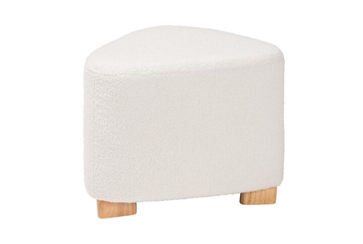 Ivory Boucle Upholstered and Natural Brown Finished Wood Ottoman