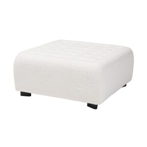 Ivory Boucle Upholstered and Black Finished Wood Square Ottoman