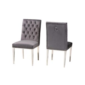 Glam and Luxe Grey Velvet Fabric and Silver Metal 2-Piece Dining Chair Set