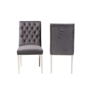 Glam and Luxe Grey Velvet Fabric and Silver Metal 2-Piece Dining Chair Set