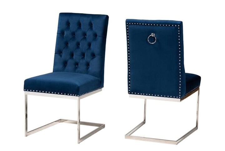 Glam and Luxe Navy Blue Velvet Fabric and Silver Metal 2-Piece Dining Chair Set